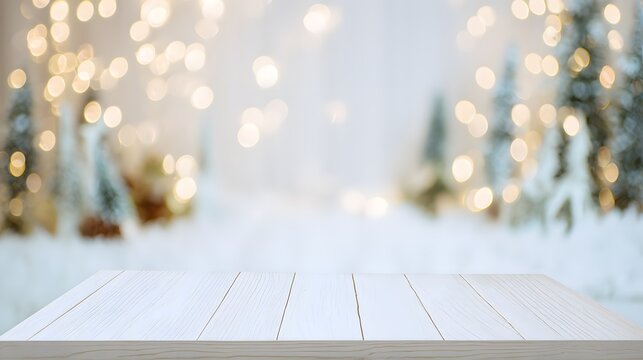 White wooden table standing empty winter holiday