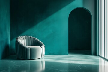 Modern interior design in transformative teal color. Velvet armchair in minimalist room with arched doorway.