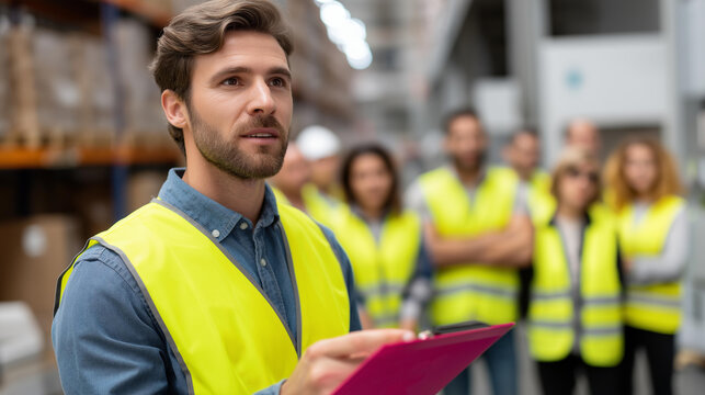 A warehouse manager conducts safety briefing with team of ten workers at start of shift pointing to safety poster while employees in high vis vests listen attentively warehouse