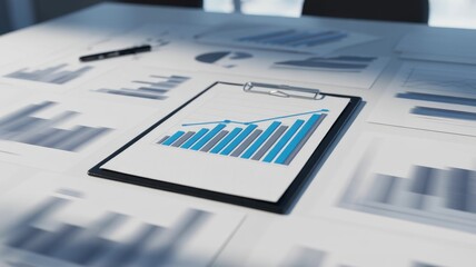 Obraz premium A clipboard with a bar graph on a table covered in various financial charts and graphs, illuminated by a soft light