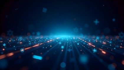Abstract blue technology background with glowing light trails and geometric shapes, futuristic and modern design, dark blue color palette 