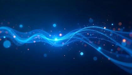 Abstract blue technology background with glowing light trails and geometric shapes, futuristic and modern design, dark blue color palette 