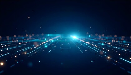 Abstract blue technology background with glowing light trails and geometric shapes, futuristic and modern design, dark blue color palette 