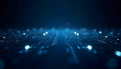 Abstract blue technology background with glowing light trails and geometric shapes, futuristic and modern design, dark blue color palette 