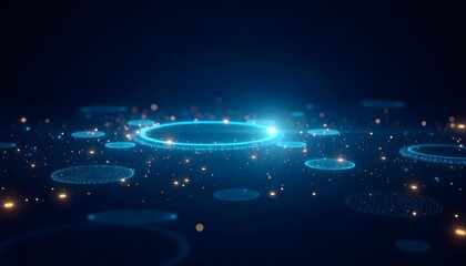 Abstract blue technology background with glowing light trails and geometric shapes, futuristic and modern design, dark blue color palette 
