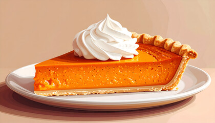A perfect slice of orange pumpkin pie topped with a swirl of whipped cream on a white plate.