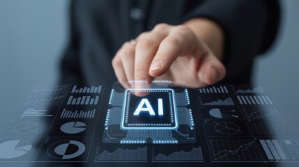 A hand touching the ai icon on the digital screen, representing artificial intelligence and machine learning technology in business