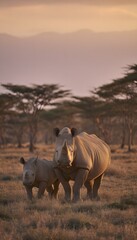 White rhino mother and calf on sunlit savanna at sunset