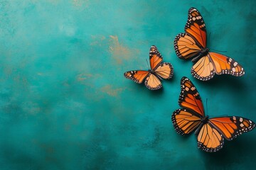 Three monarch butterflies on turquoise textured background with copy space.