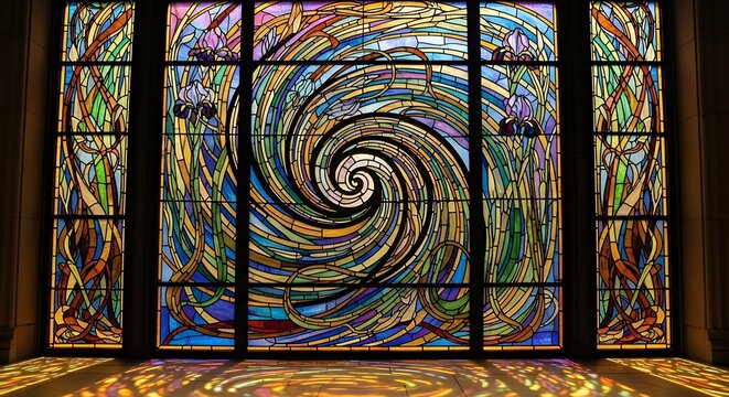 Stained glass window with a swirling design and floral accents, casting colorful light.