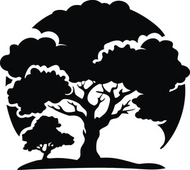 Silhouette of a solitary tree against a vibrant dramatic sunset sky isolated on white background isolated on transparent background