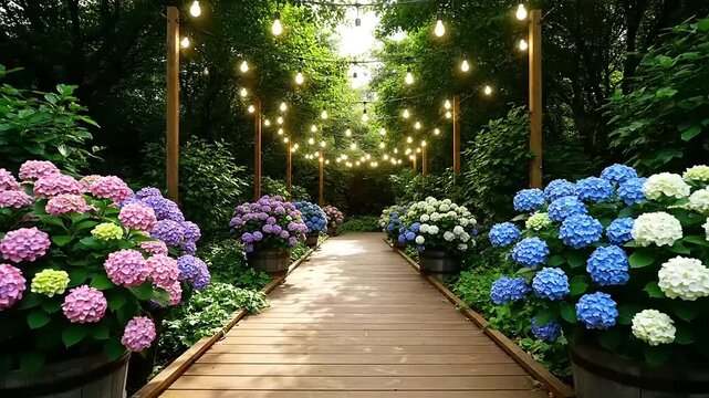 Enchanting Garden Pathway Lined with Vibrant Hydrangeas and Twinkling String Lights in a Beautiful Outdoor Setting