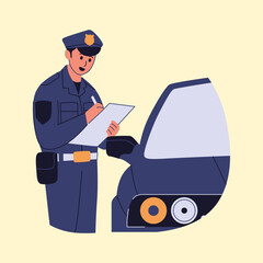 Cartoon Police Officer Writing Ticket Near Car
