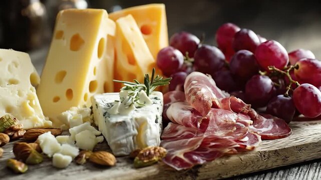 A tantalizing close-up shot features a beautifully arranged gourmet platter showcasing an assortment of delectable cheeses, including a Swiss-style variety with characteristic holes and a rich blue ch