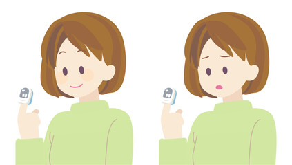 Medical illustration of a woman with an SpO2 sensor on her index finger. Two variations: smiling and feeling unwell. Useful for medical, healthcare, and oxygen monitoring concepts.