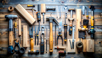 Variety Carpentry tools instrument(hammer, saw, chisel, screwdriver)  placed neatly on the lavish wooden background. 