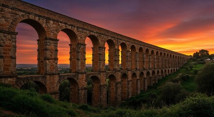 Obraz premium Ancient Roman aqueduct at sunset with dramatic sky
