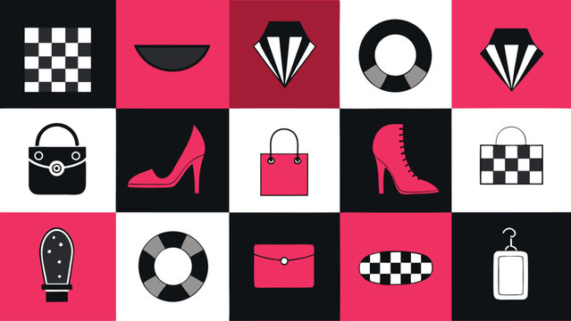 Fashion icons grid with handbags and shoes