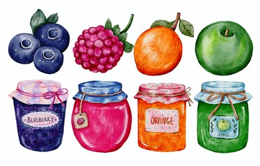 fruit jams in a glass jar, watercolor illustration