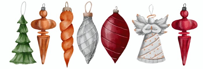 Christmas tree decorations watercolor illustration