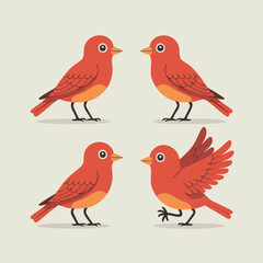 Four red and orange cartoon birds arranged on a light beige background