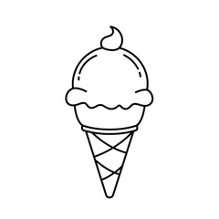 Classic Ice Cream Cone with Scoop and Topping - Simple Black and White Line Art Illustration for Coloring Book, Menu, or Summer Design