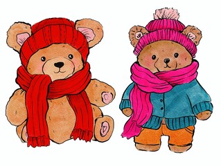 Christmas bear in a hat watercolor illustration