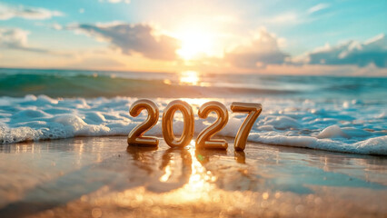 Golden 2027 numbers on sandy beach with ocean waves and sunset light, symbolizing new year, summer travel, and tropical beginnings, warm coastal holiday concept with reflections in wet sand