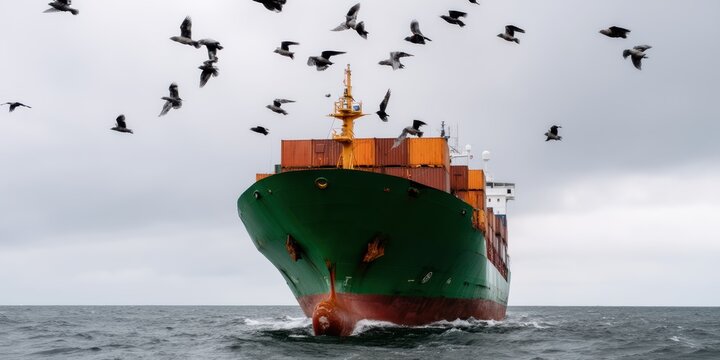 cargo ship navigates through turbulent waters while seagulls fly overhead against a dramatic cloudy sky. - Powered by Adobe