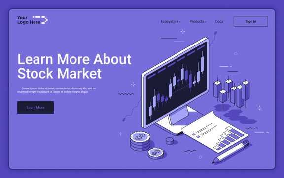 Computer monitor with candle stick charts and coins on purple background. Stock market landing page isometric template. Money exchange bouncing research 3d vector illustration for web page