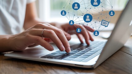 A woman is typing on a laptop with a social network interface, demonstrating the power of online communication and connectivity