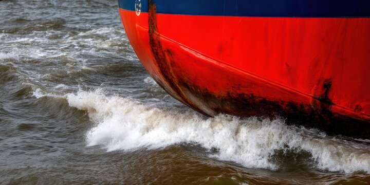 close-up view of a ship's hull cutting through turbulent waters, showcasing the contrast between the vibrant colors of the boat and the frothy waves.