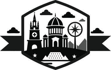 Stylized cityscape emblem with landmarks