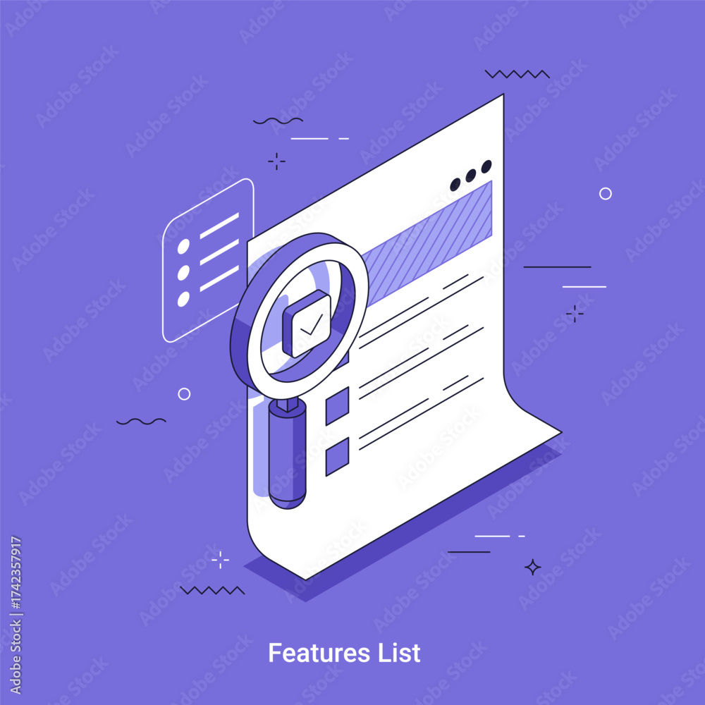 Wall mural isometric vector illustration with magnifying glass over a document with checklist showing feature l