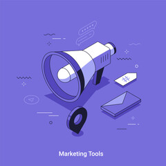 Vector loudspeaker and digital marketing elements for modern isometric business concept illustration. Internet promotion and advertising tools for company.