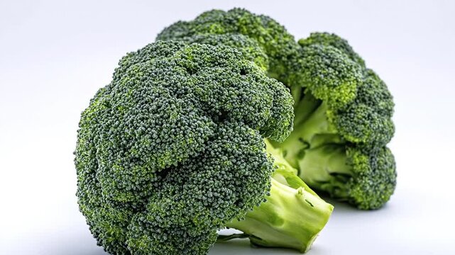 A vibrant close-up captures fresh, crisp green broccoli florets and stems on a bright white background. The footage beautifully highlights the vegetable's natural texture and healthy appeal, making it