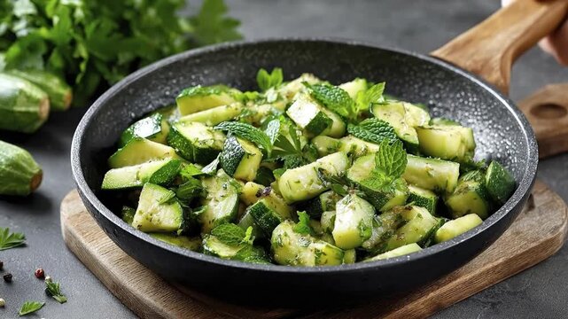 A vibrant close-up captures freshly chopped green vegetables, likely zucchini or cucumber, tossed with aromatic green herbs such as mint and parsley. The glistening pieces are presented in a rustic bl