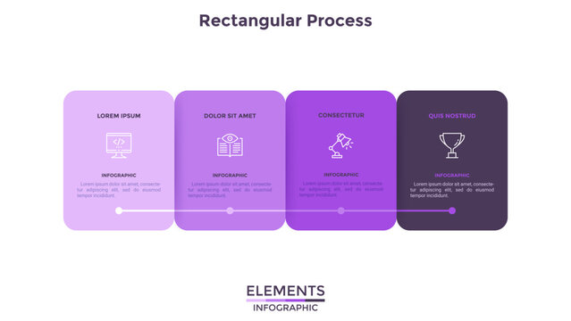 Modern diagram with 4 colorful rectangular elements or cards placed in horizontal row. Concept of four stages of startup business project. Flat infographic design template. Vector illustration.