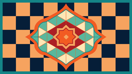 Colorful geometric tile with checkerboard border