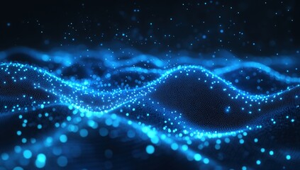 A mesmerizing digital visualization of flowing waves composed of glowing blue particles against a dark background, creating an immersive, futuristic atmosphere.