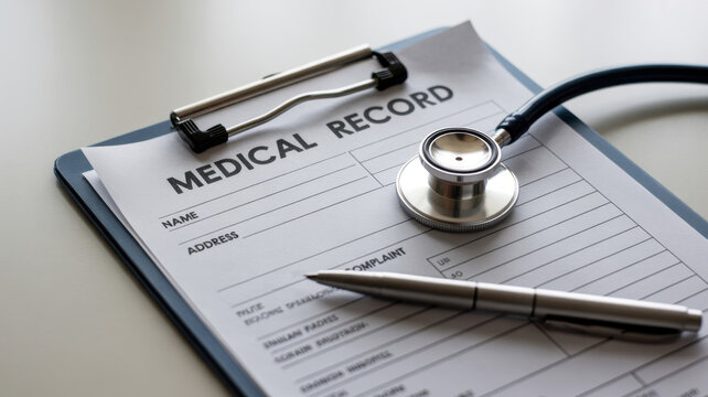Closeup of a medical record on a clipboard with a stethoscope and pen, symbolizing healthcare documentation and patient information management - Powered by Adobe