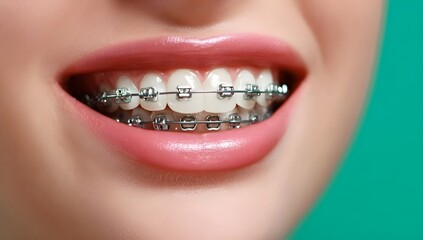 Obraz premium Close-up smile of a woman with metal braces on teeth. Clean white teeth and pink lips. Orthodontic dental treatment and oral care concept.
