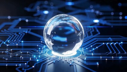 Futuristic technology concept with a glowing crystal sphere on a digital circuit board, symbolizing data, AI, and innovation - Powered by Adobe