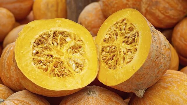 A vibrant close-up shot features a large, ripe pumpkin cut cleanly in half, revealing its bright orange, fibrous flesh, and a rich abundance of seeds and stringy pulp. The intricate inner textures are