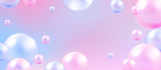 Pink and blue collagen bubbles on a pastel pink-blue background with luminous 3D effect.