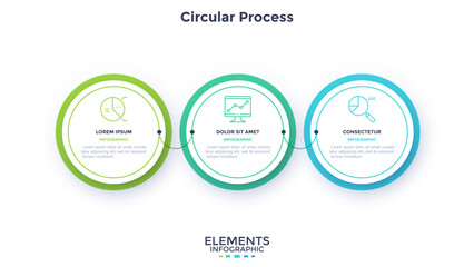 Three colorful circular elements placed in horizontal row and connected by lines. Concept of 3 successive steps of business strategy. Simple infographic design template. Flat vector illustration.