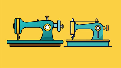 Retro teal sewing machines on yellow background