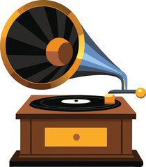 A vintage gramophone playing a vinyl record isolated on a white background