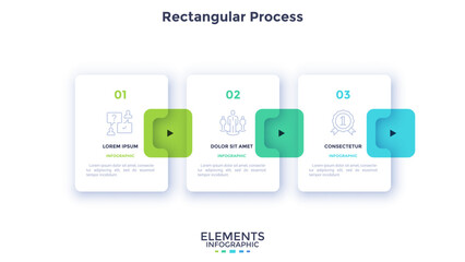 Obraz na płótnie Canvas Three square elements placed in horizontal row and connected by arrows. Diagram representing 3 stages of business process. Simple infographic design template. Vector illustration for presentation.