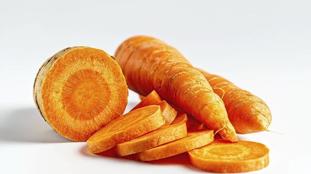 A vibrant display of fresh, wholesome carrots is artfully arranged against a clean, bright white background. The composition features both whole carrots and a half-cut carrot, revealing its rich, oran